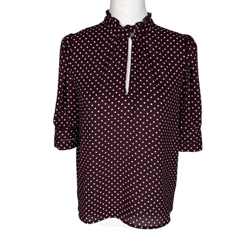 Ann Taylor Factory Burgundy Brown Polka Dot Ruffle Neck Puff Sleeve Blouse Small
